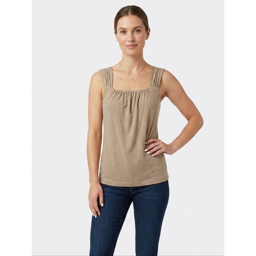 Banana Republic XS Linen Rayon Blend Square Neck Gathered Tank Top Taupe Neutral